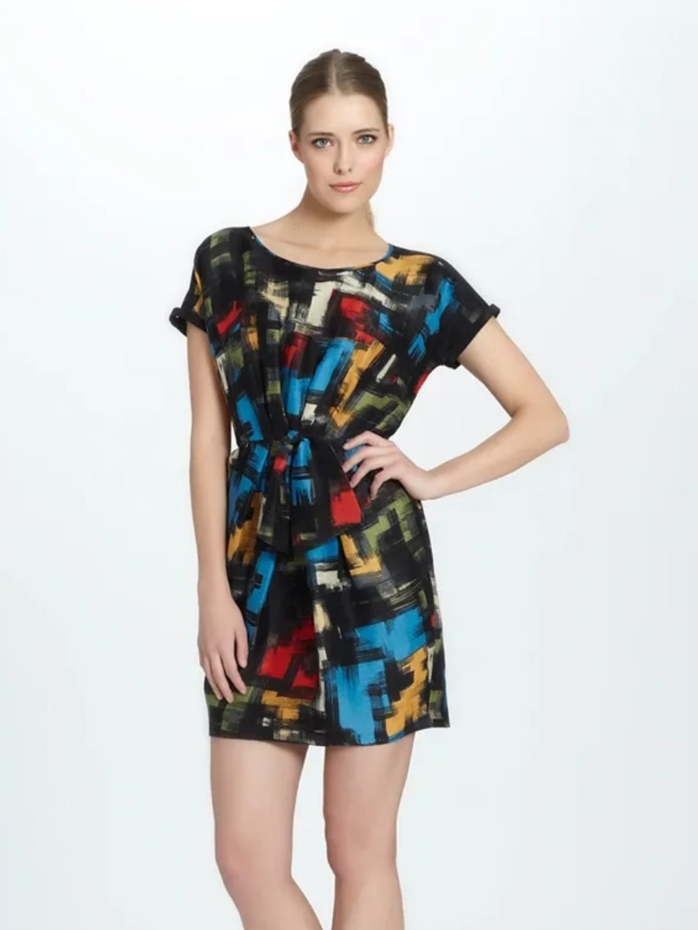 CYNTHIA STEFFE Black Abstract Brushstroke Tie-Waist Midi Dress